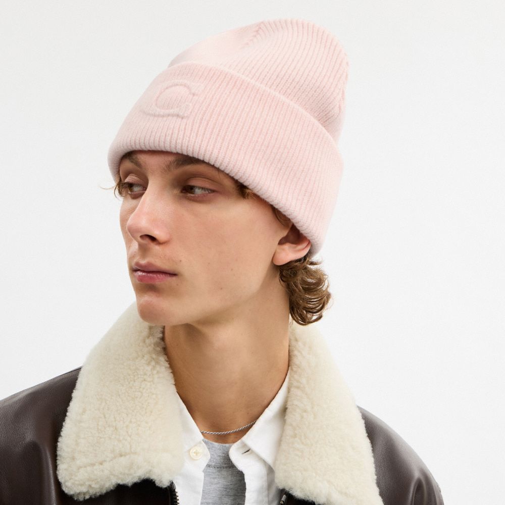 Coach Signature Embossed Knit Beanie Peach