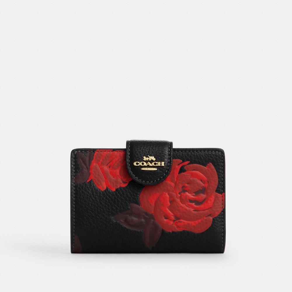Coach Medium Corner Zip Wallet With Floral Print Im Black Red