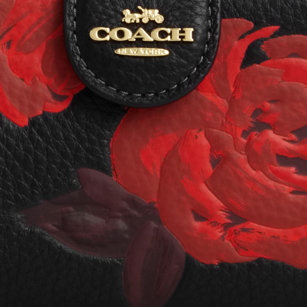 Coach Medium Corner Zip Wallet With Floral Print Im Black Red