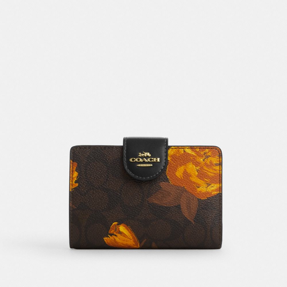 Coach Medium Corner Zip Wallet In Signature Canvas With Floral Print Gold