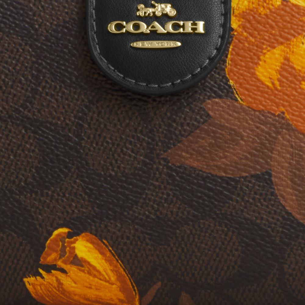 Coach Medium Corner Zip Wallet In Signature Canvas With Floral Print Gold