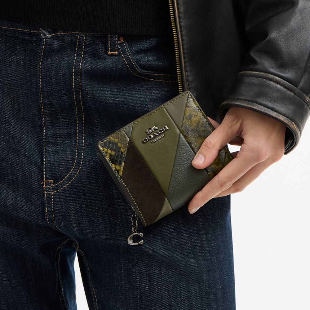 Coach Snap Wallet With Patchwork And Snake Print Gunmetal Olive Multi