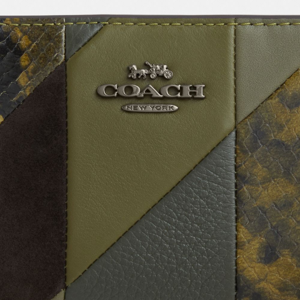 Coach Snap Wallet With Patchwork And Snake Print Gunmetal Olive Multi