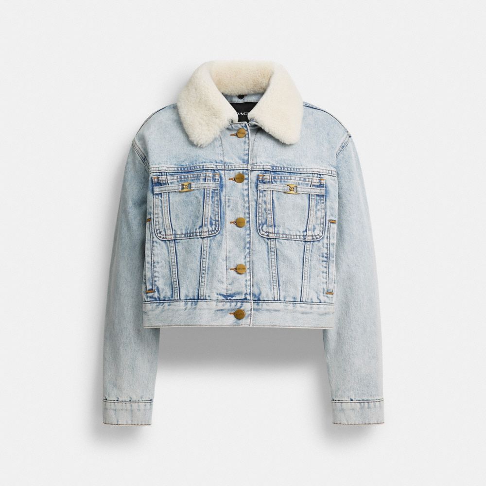 Coach Cropped Heritage C Denim Trucker Jacket In Organic Cotton With Shearling Collar Light Blue Denim