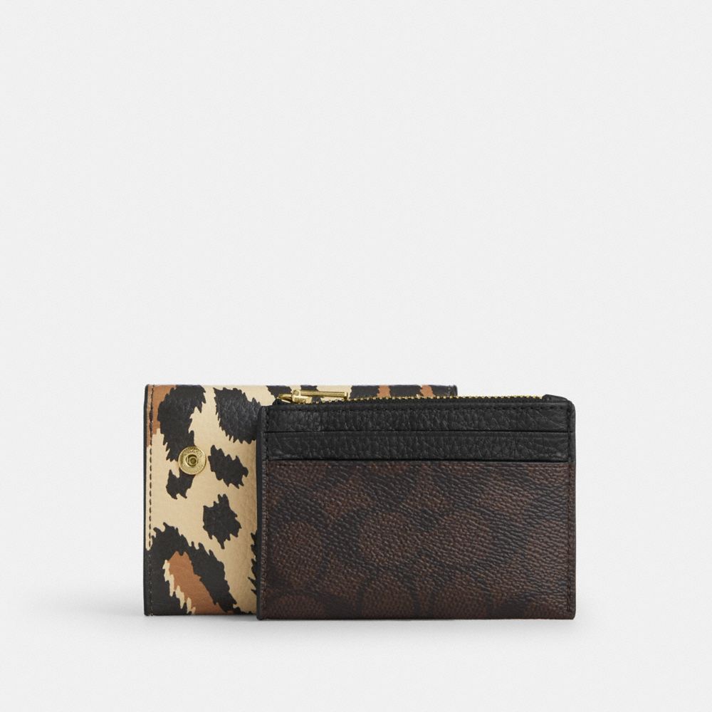 Coach Card Holder Wallet With Leopard Print And Signature Canvas Gold
