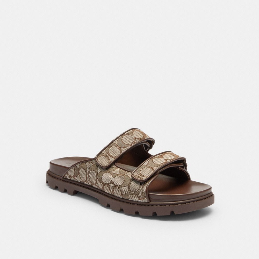 Coach Double Banded Sandal In Signature Jacquard Oak Maple