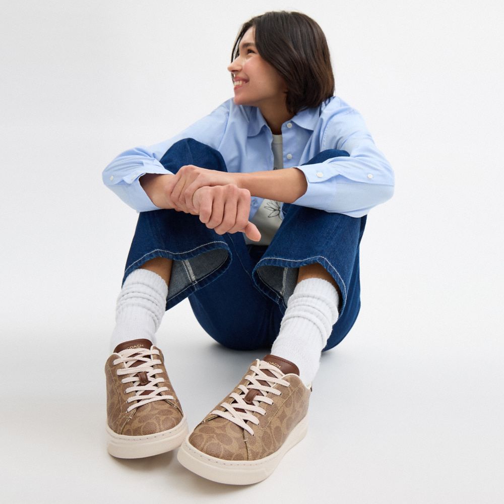 Women's Coach High Line Sneaker In Signature Canvas Brown Khaki