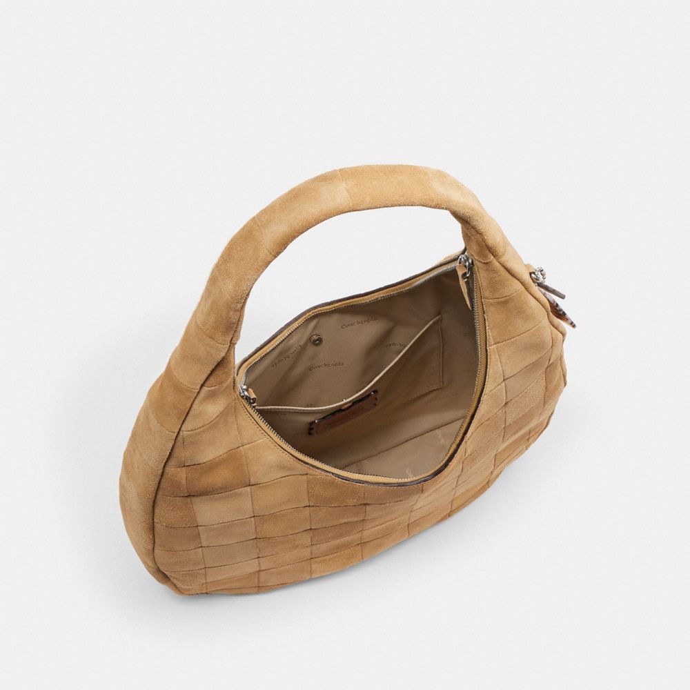 Coach Alter/Ego Large Crescent Shoulder Bag In Checkerboard Upcrafted Suede Sand Suede