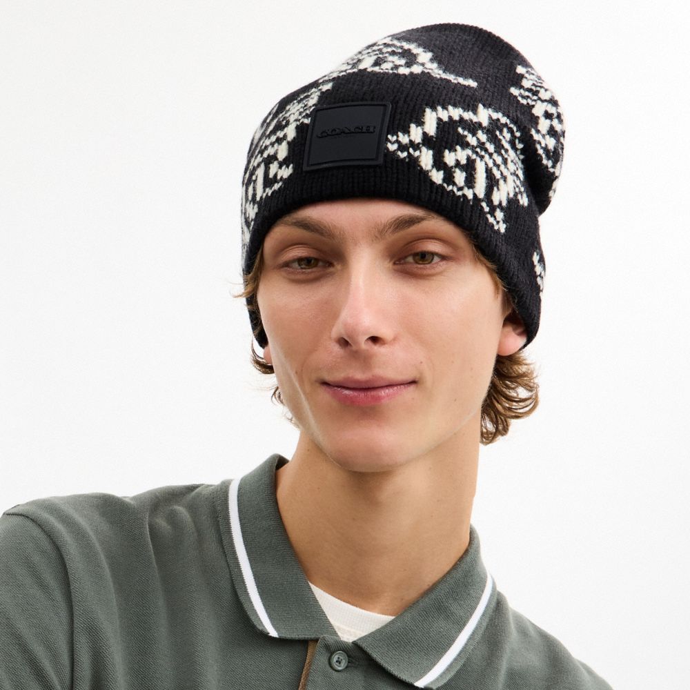 Coach Dino Print Knit Beanie Black