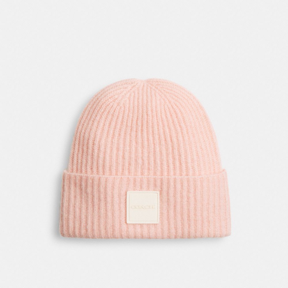 Coach Colorblock Beanie With Rubber Patch Peach Chalk