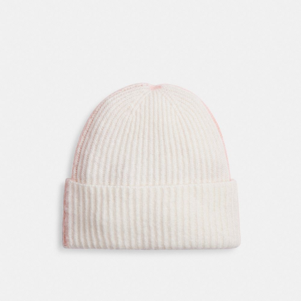 Coach Colorblock Beanie With Rubber Patch Peach Chalk