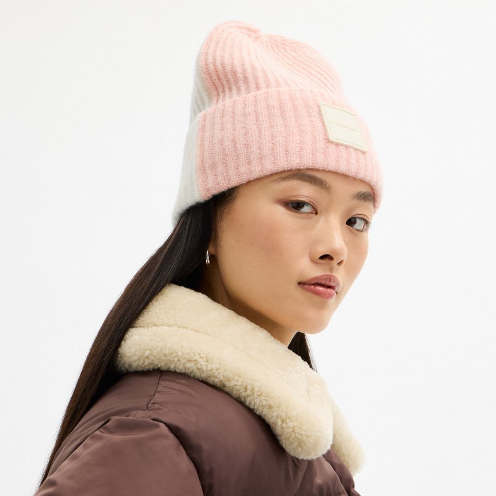 Coach Colorblock Beanie With Rubber Patch Peach Chalk