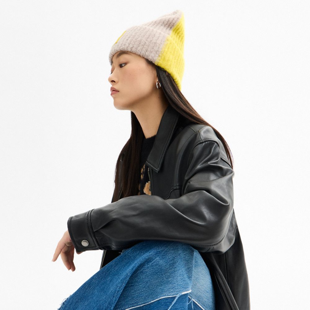 Coach Colorblock Beanie With Rubber Patch Grey Birch Lime