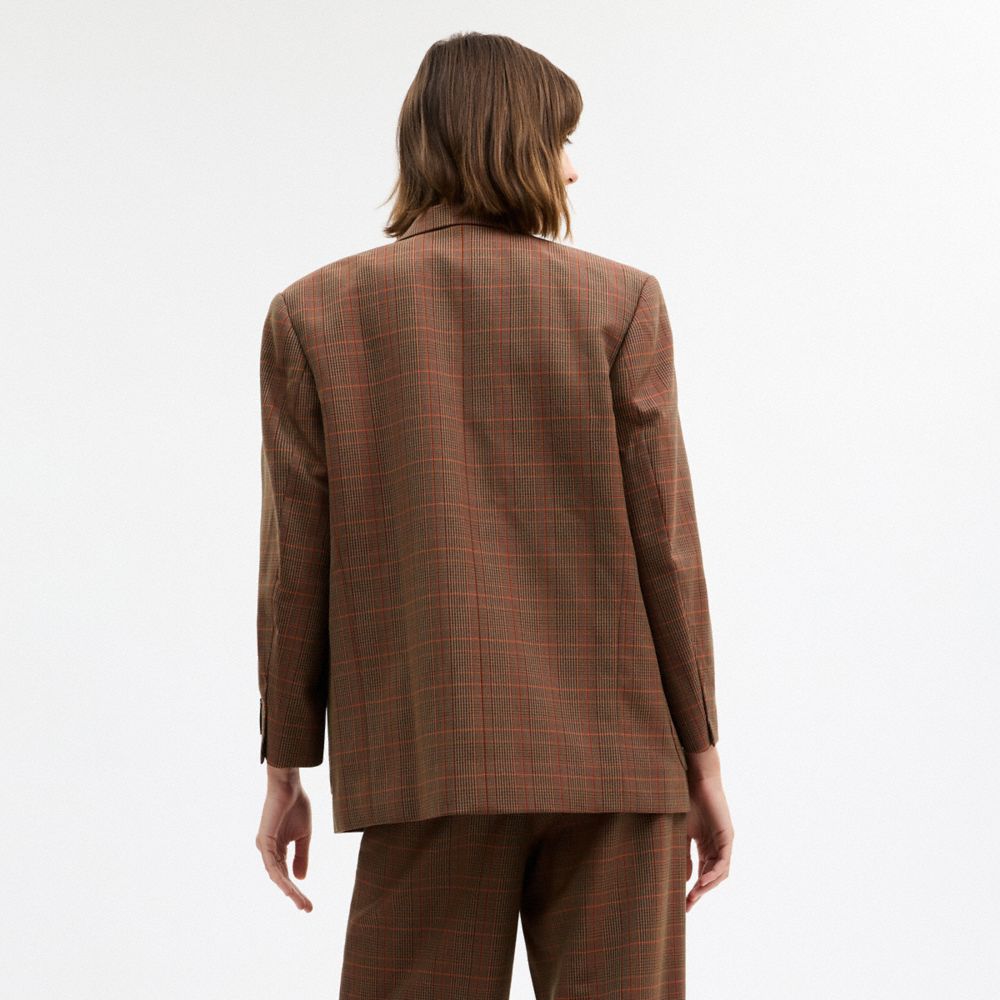 Coach Oversized Single Breasted Blazer Orange Pink Plaid