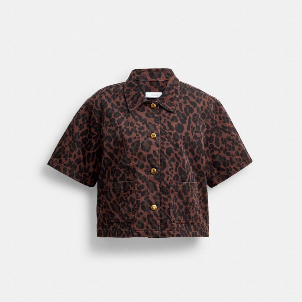 Coach Leopard Print Denim Short Sleeve Top Dark Leopard