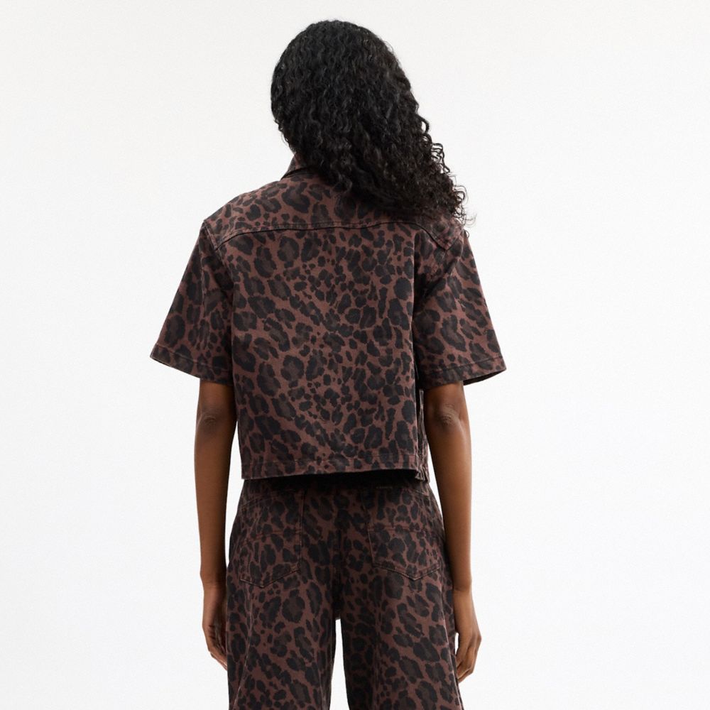 Coach Leopard Print Denim Short Sleeve Top Dark Leopard