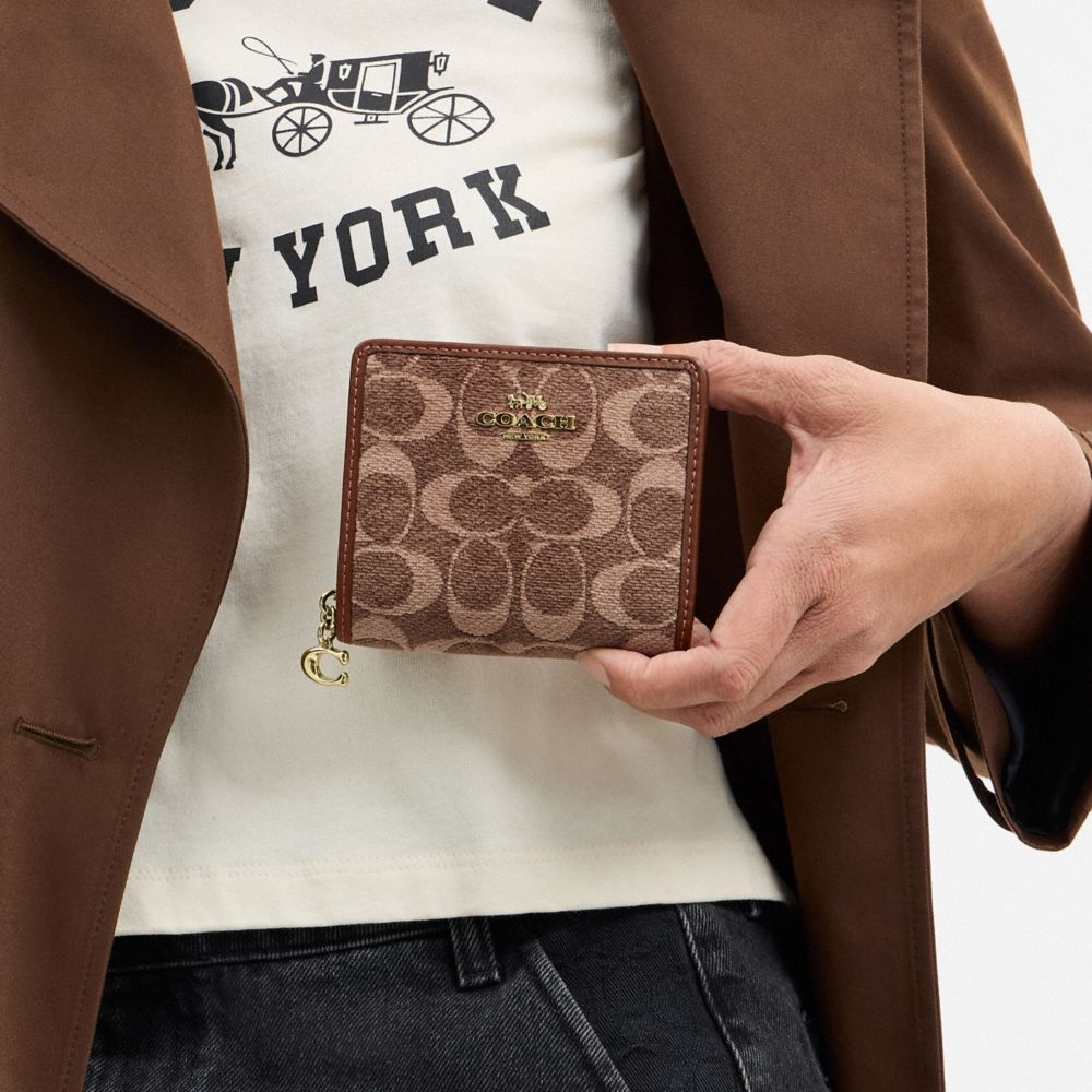 Coach Snap Wallet In Signature Chenille Gold/Light Khaki/Vintage Brown