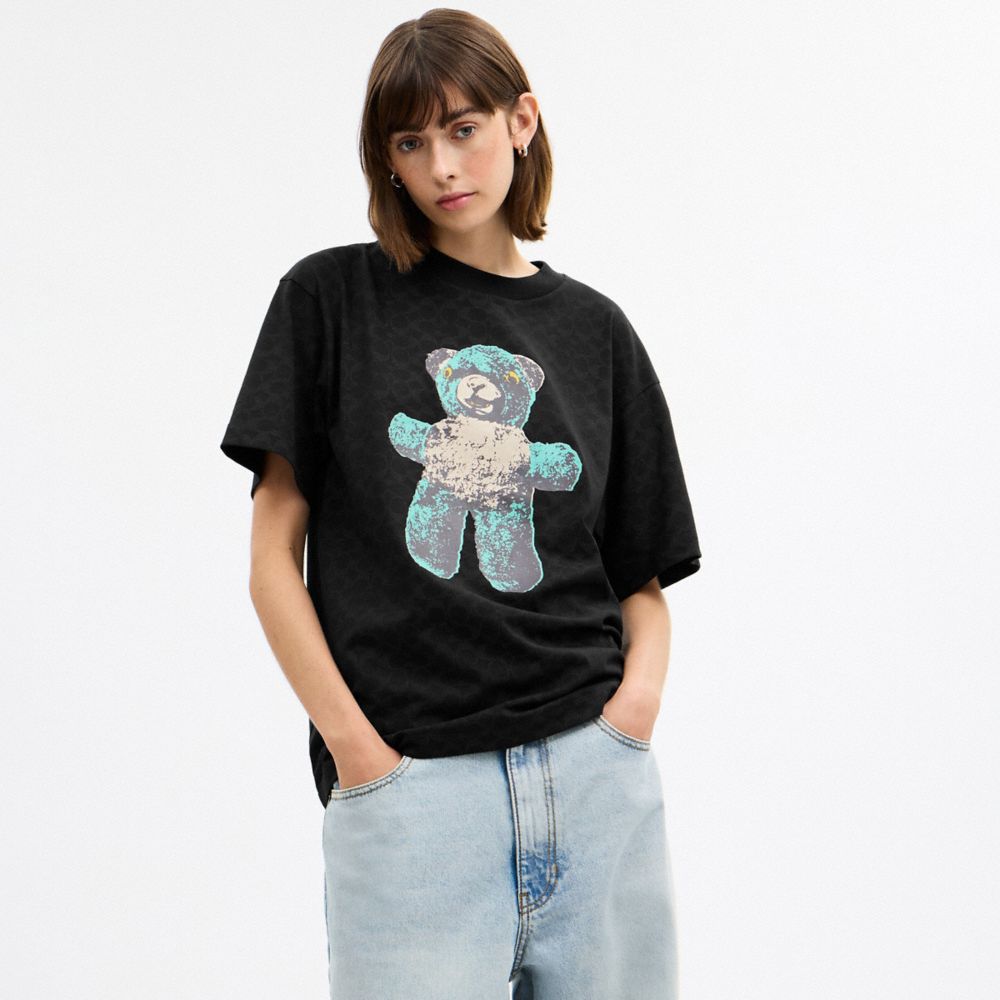 Coach Teddy Graphic Signature Relaxed T Shirt Black Signature