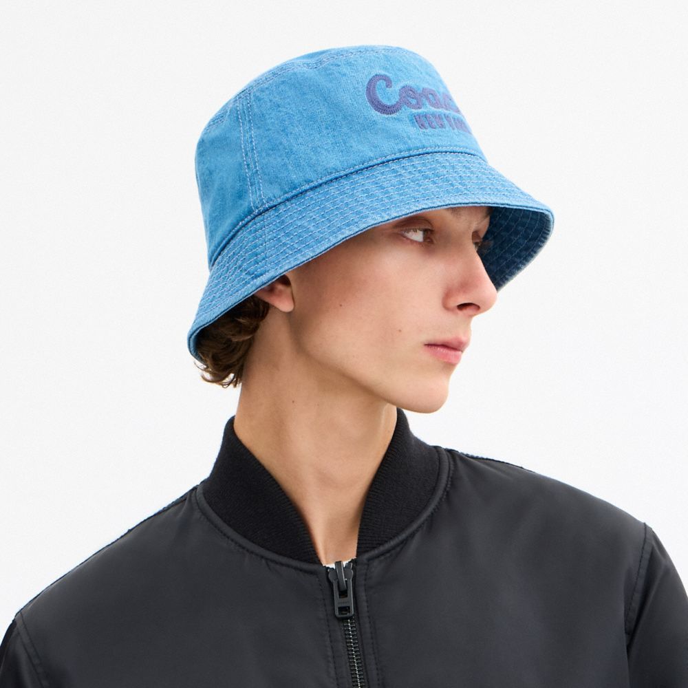 Coach Coach Script Embroidered Denim Bucket Hat Indigo