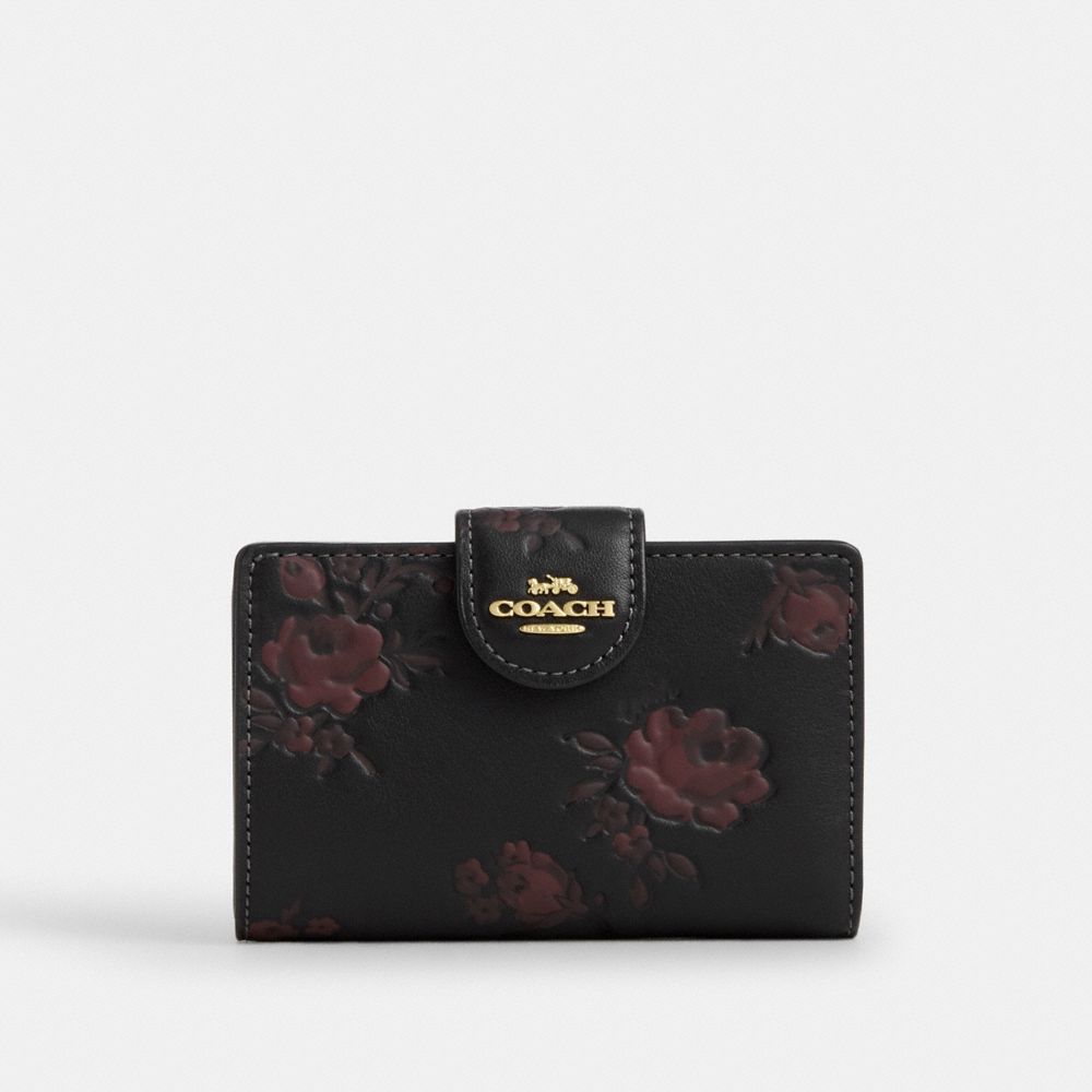 Coach Medium Corner Zip Wallet With Floral Print Im Black Wine Multi
