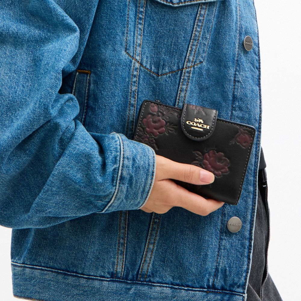 Coach Medium Corner Zip Wallet With Floral Print Im Black Wine Multi