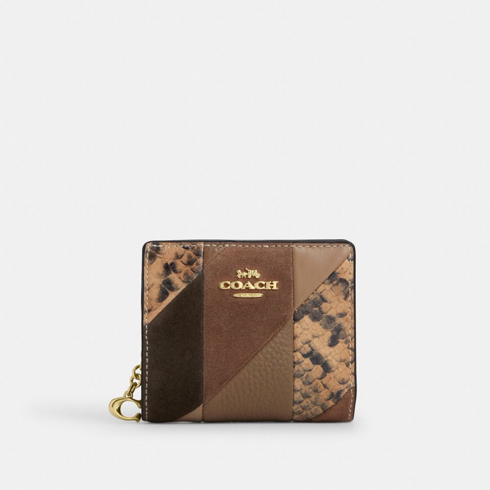 Coach Snap Wallet With Patchwork And Snake Print Gold