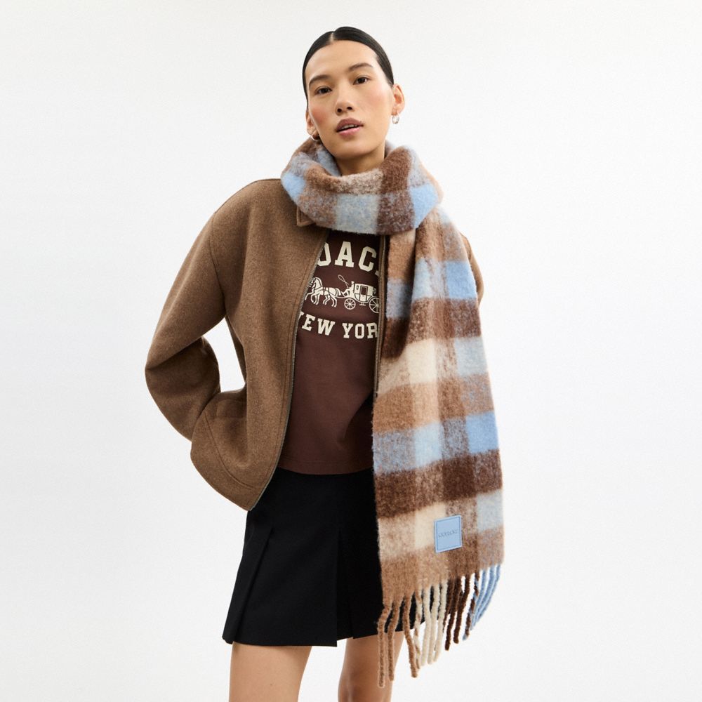 Coach Oversized Plaid Muffler With Rubber Patch Deep Blue Multi