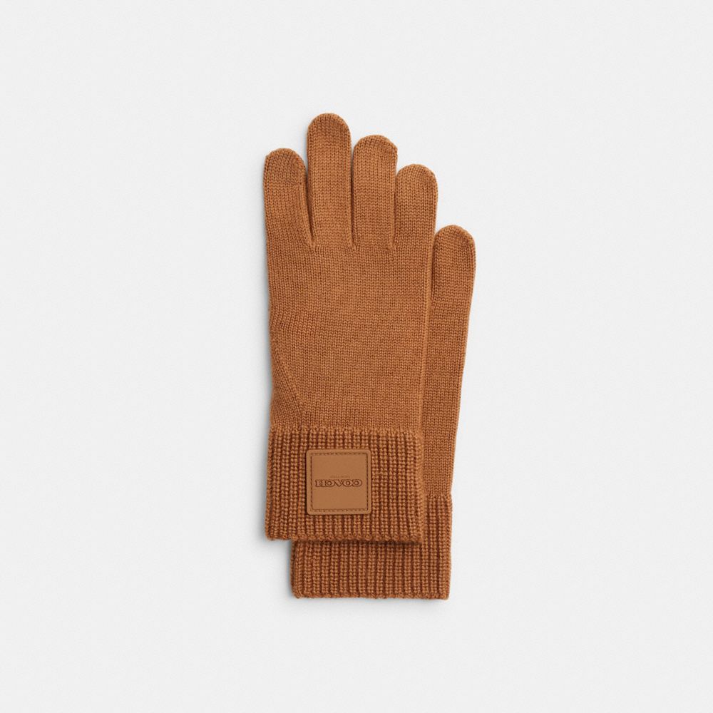 Coach Knit Tech Gloves With Rubber Patch Light Saddle