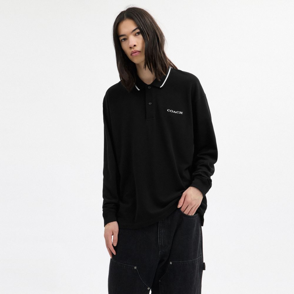 Coach Signature Trim Long Sleeve Polo In Regenerative Cotton Black