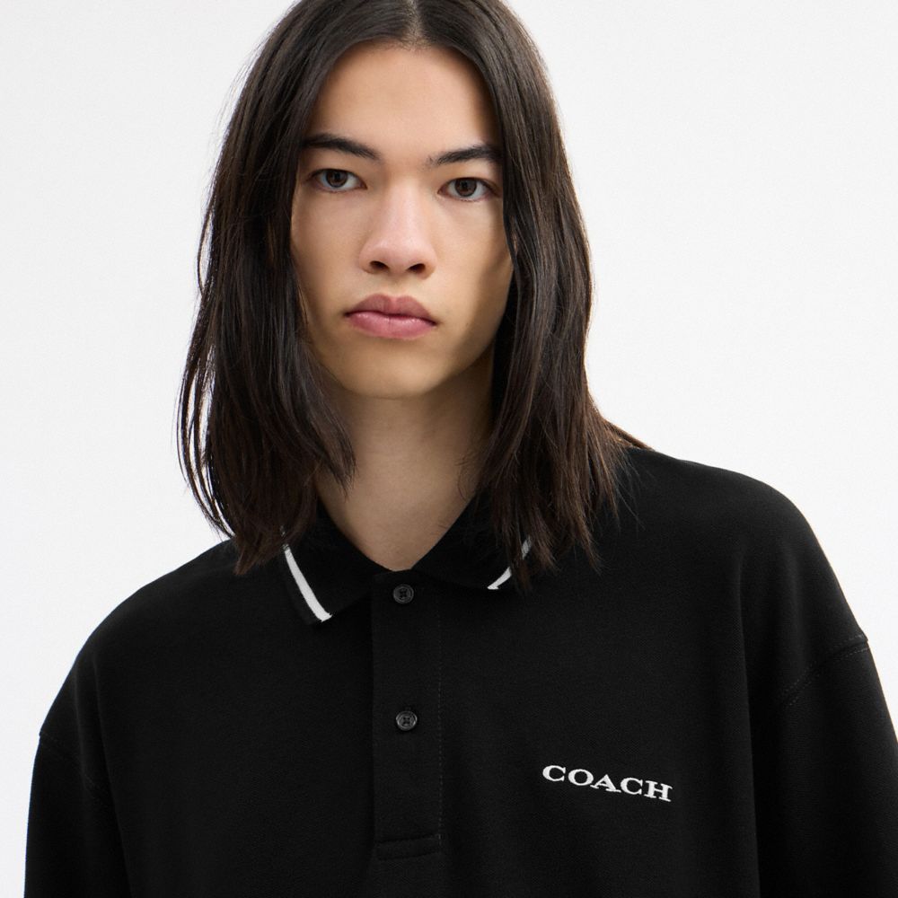 Coach Signature Trim Long Sleeve Polo In Regenerative Cotton Black