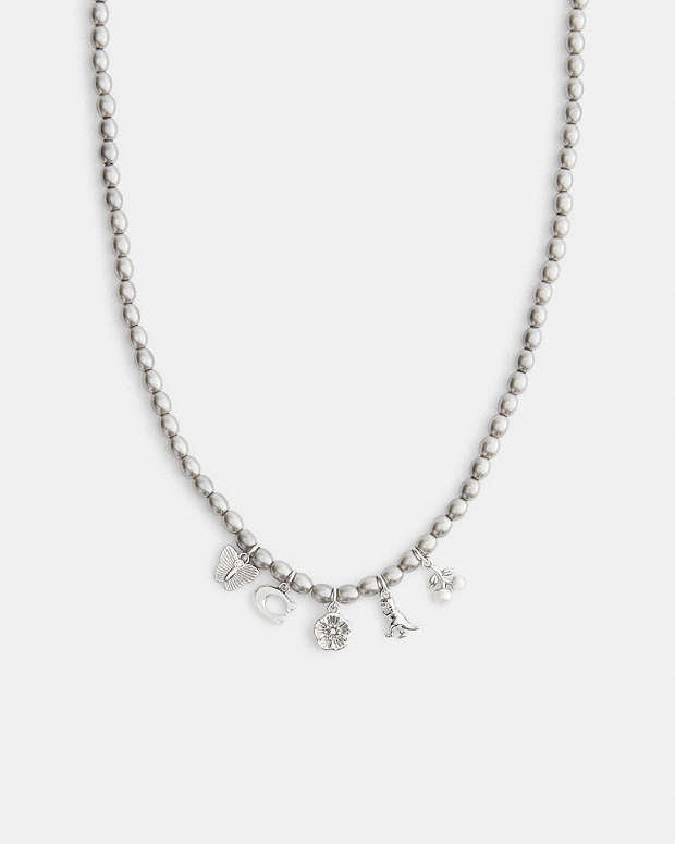 Butterfly And Rexy Charm Pearl Necklace Silver-Grey Silver-Grey