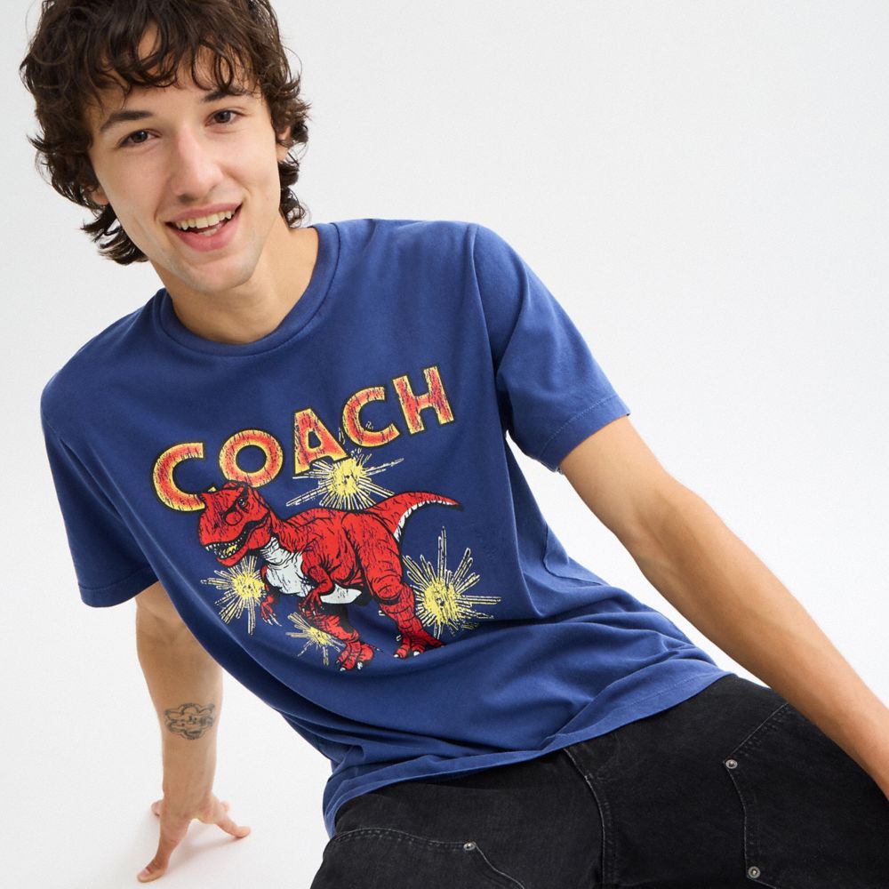 Coach Garment Washed Dinosaur T Shirt In Organic Cotton Washed Blue