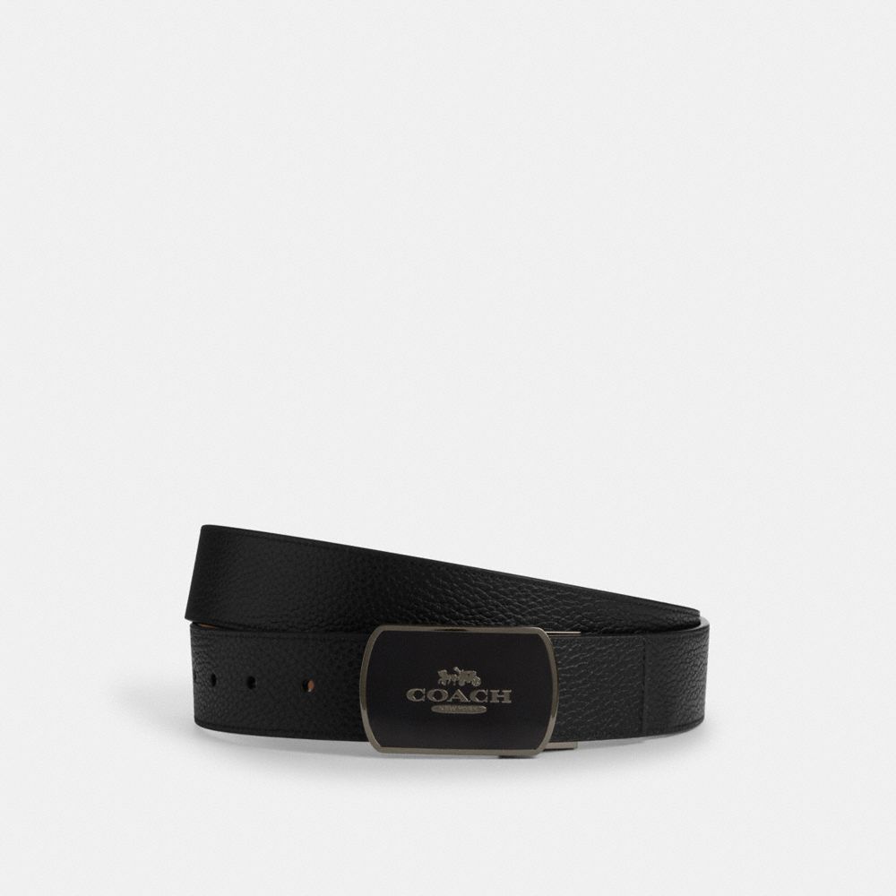 Coach Plaque Buckle Cut To Size Reversible Belt, 38 Mm Gunmetal Black Dark Saddle