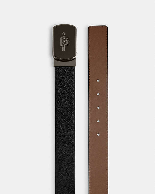 Plaque Buckle Cut To Size Reversible Belt, 38 Mm Pebbled Leather-Gunmetal-Black-Dark Saddle Pebbled Leather-Gunmetal-Black-Dark Saddle
