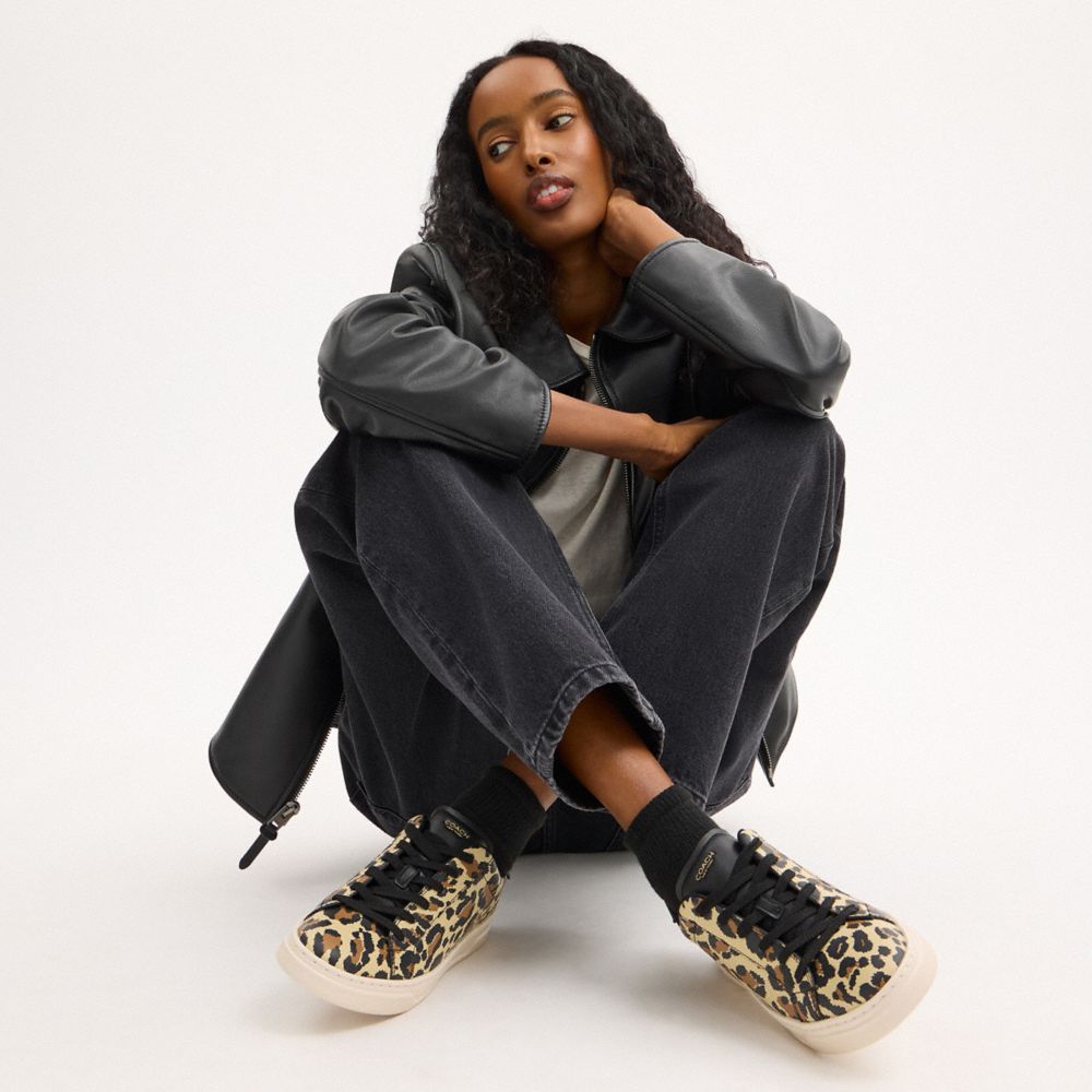 Women's Coach High Line Sneaker With Leopard Print Black Leopard