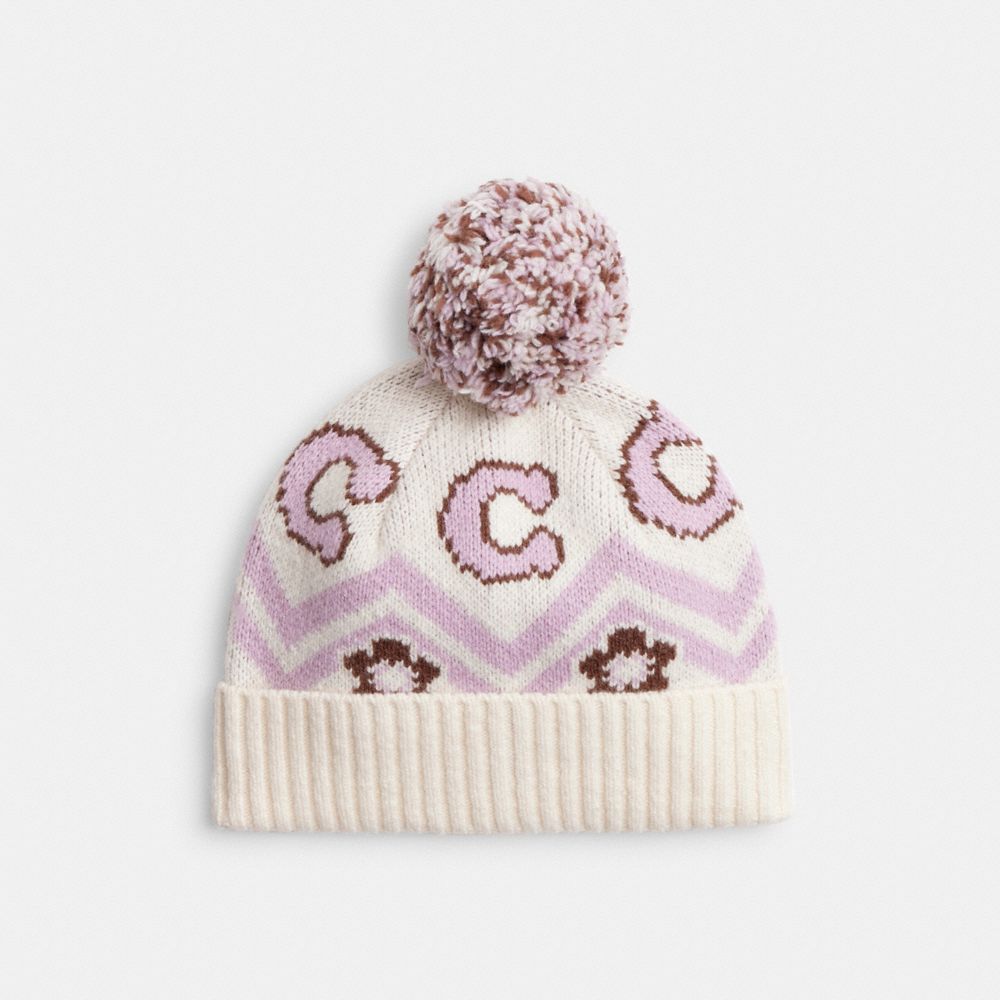 Coach Fair Isle Print Knit Beanie Chalk Multi