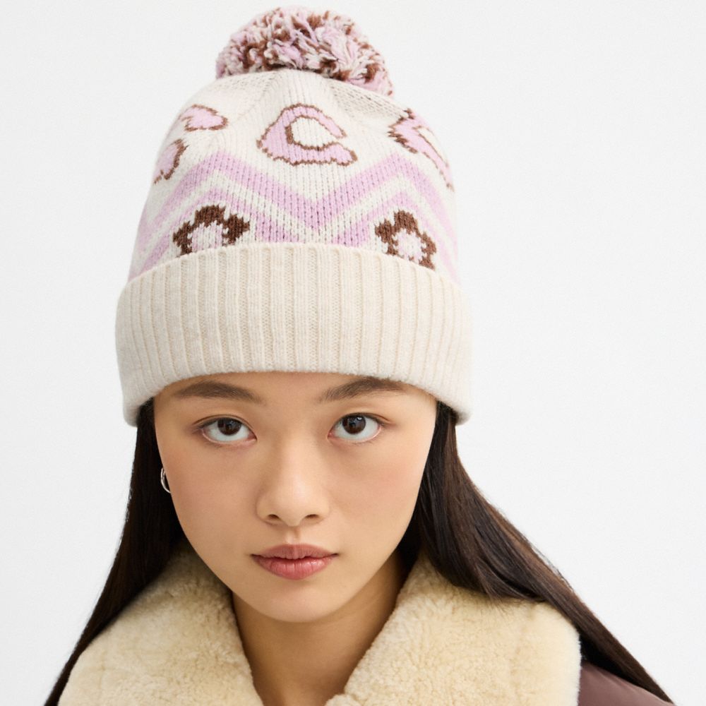 Coach Fair Isle Print Knit Beanie Chalk Multi