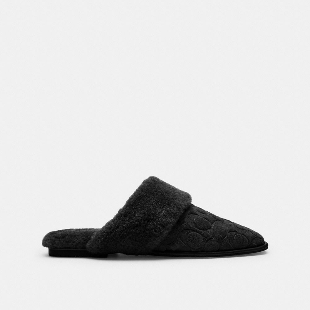 Coach Sherpa Flat Mule In Signature Suede Black