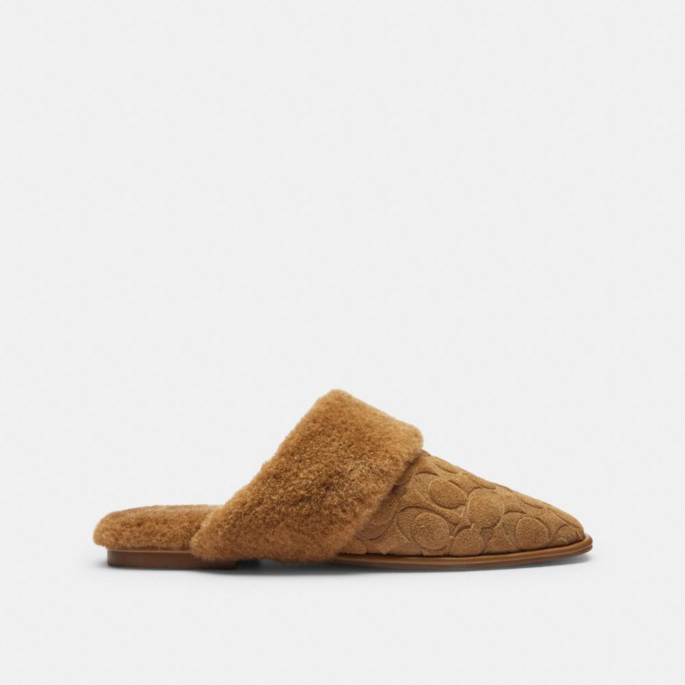 Coach Sherpa Flat Mule In Signature Suede Tobacco