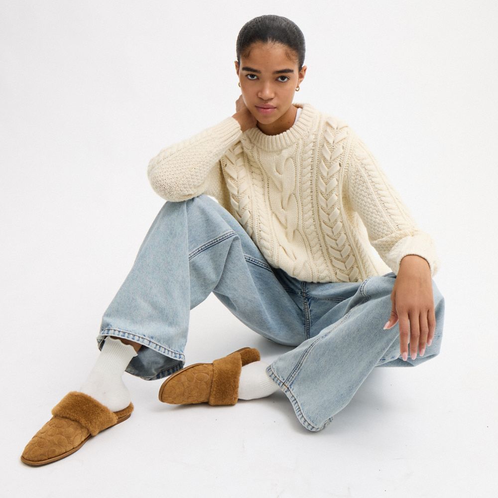Women's Coach Sherpa Flat Mule In Signature Suede Tobacco