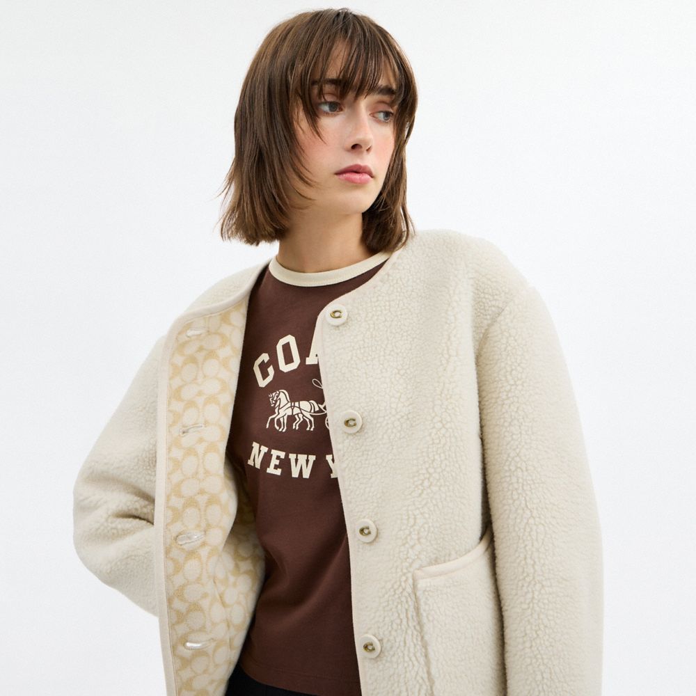 Coach Short Sherpa Cardi Jacket Natural