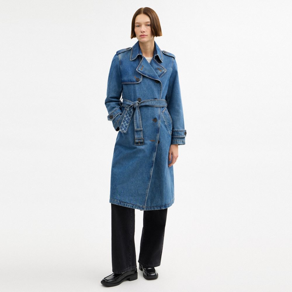 Coach Denim Long Trench Coat Western Wash