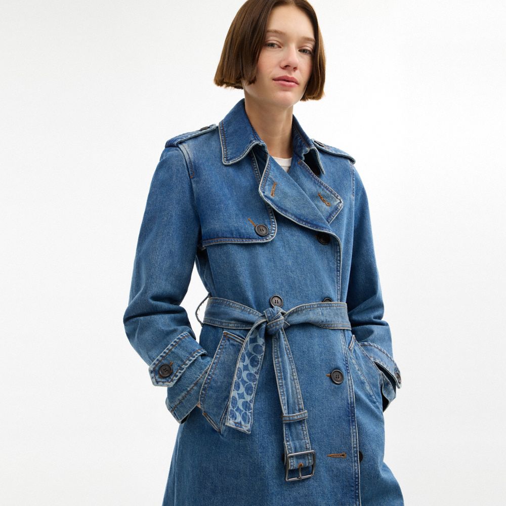 Coach Denim Long Trench Coat Western Wash