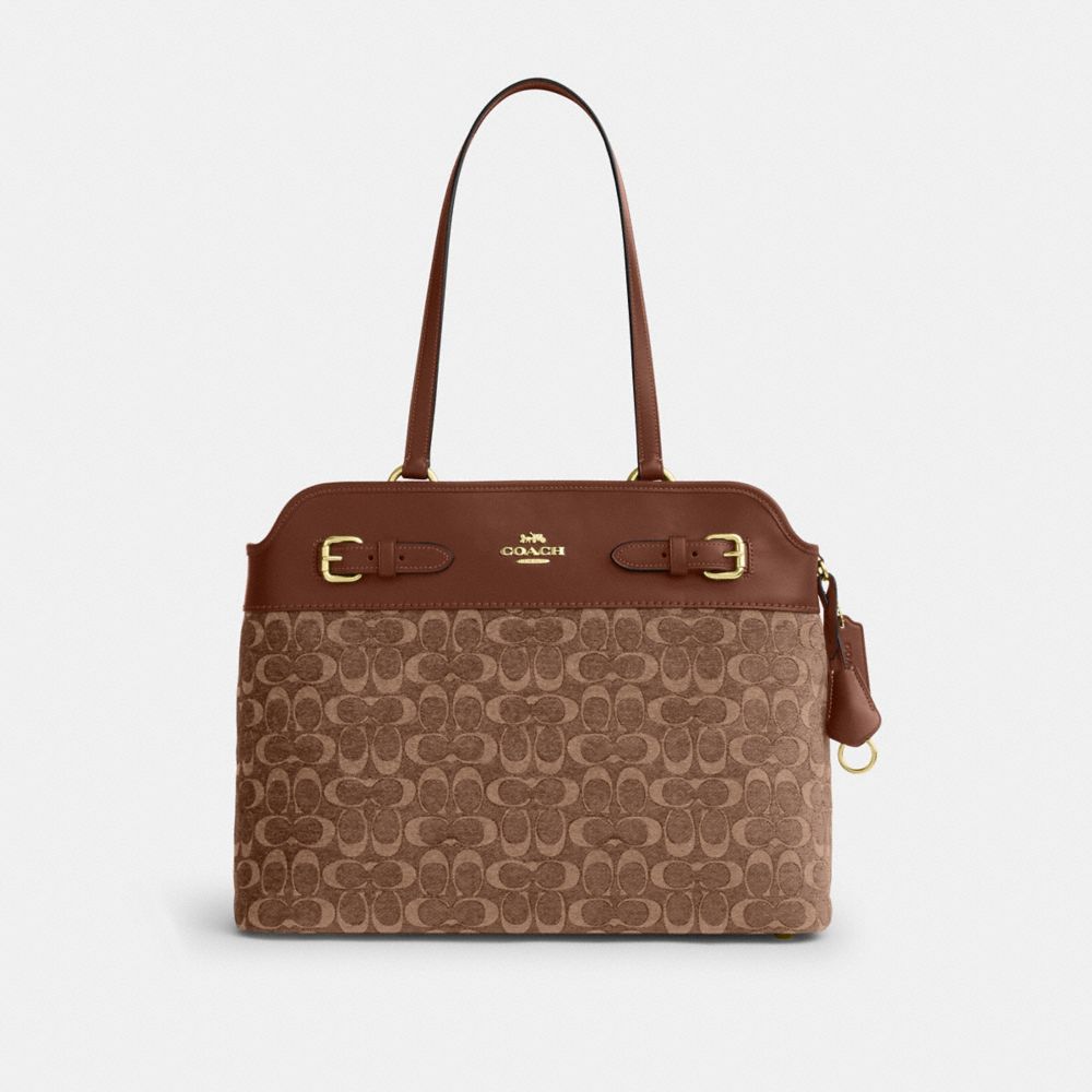 Coach Easton Tote Bag In Signature Chenille Gold Light Khaki Vintage Brown