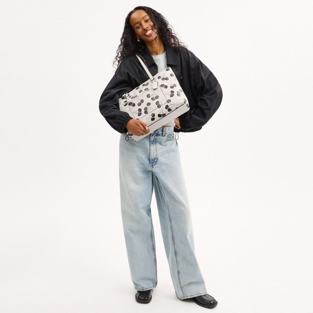 Coach Station Tote Bag With Cherry Print Silver Chalk Multi