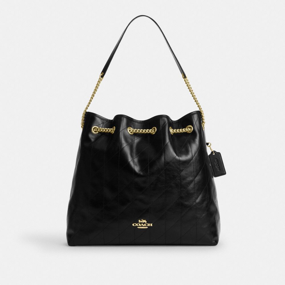 Coach Evelyn Large Shoulder Bag With Quilting Gold Black