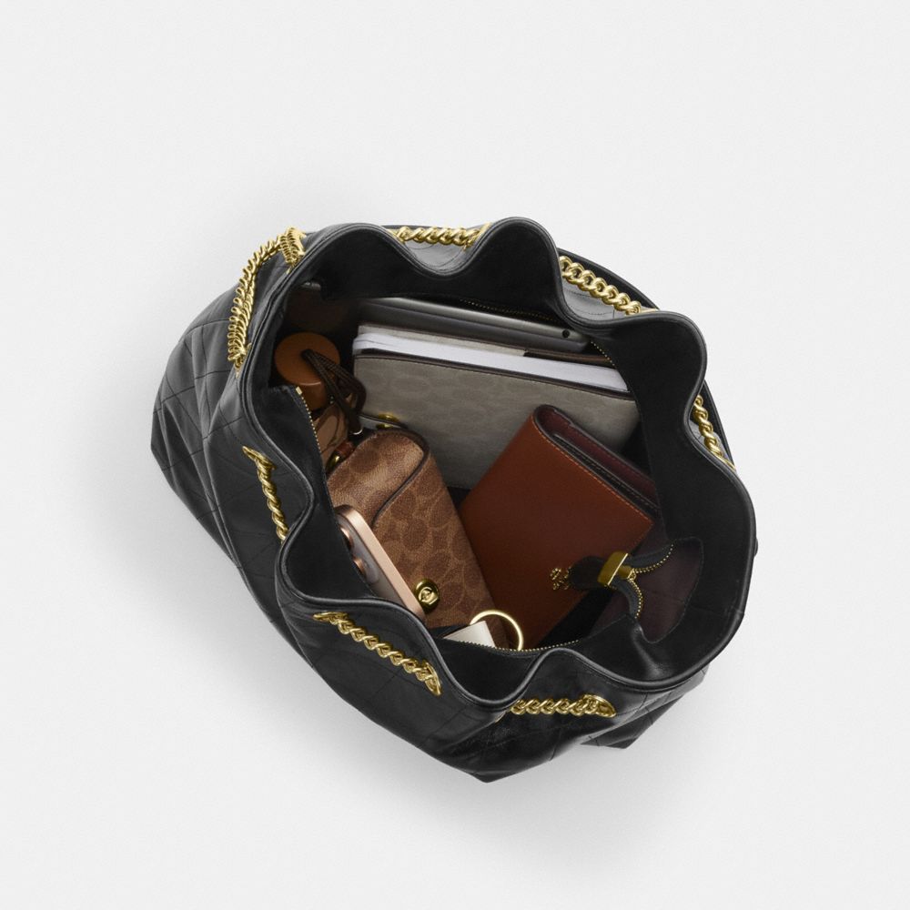 Coach Evelyn Large Shoulder Bag With Quilting Gold Black