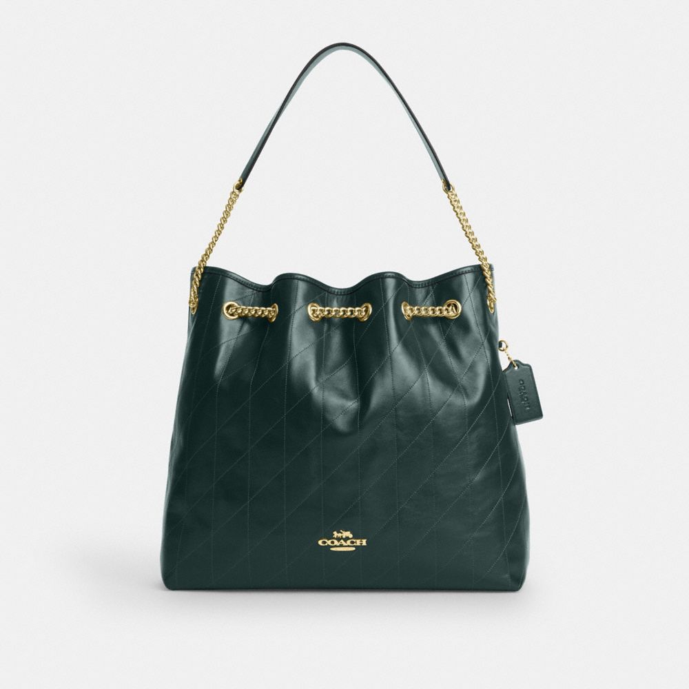 Coach Evelyn Large Shoulder Bag With Quilting in Gold Dark Teal, front view