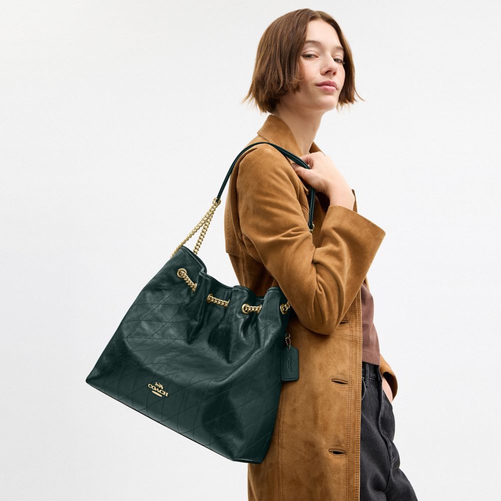 Coach Evelyn Large Shoulder Bag With Quilting Gold Dark Teal