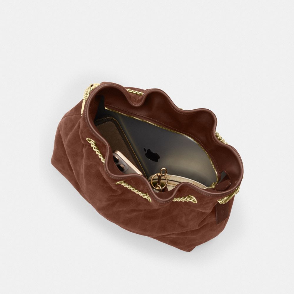 Coach Evelyn Large Shoulder Bag With Quilting Gold Vintage Brown Maple